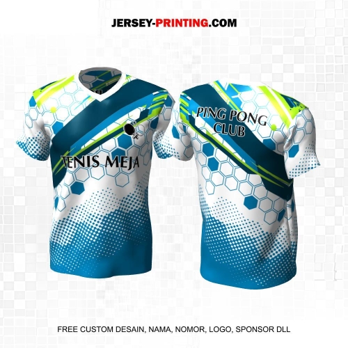 Jersey Pingpong Tenis Meja Putih Biru Hijau Motif Abstrak Honeycomb 40