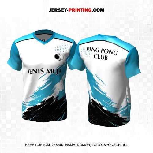 Jersey Pingpong Tenis Meja Putih Biru Hitam Motif Abstrak 50