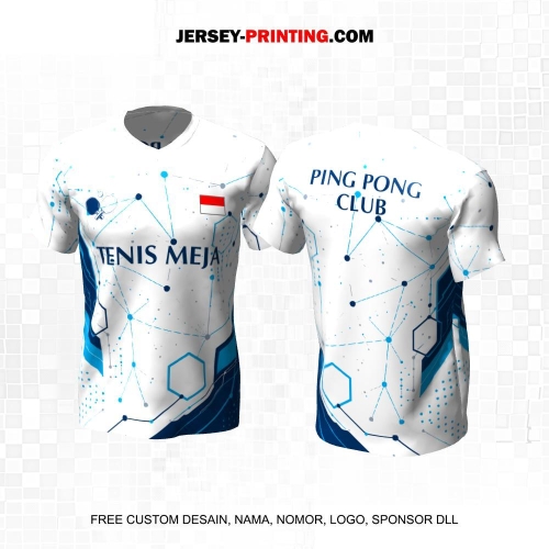 Jersey Pingpong Tenis Meja Putih Biru Motif Abstrak Dot Line Honeycomb 59