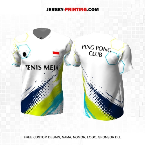 Jersey Pingpong Tenis Meja Putih Hijau Biru Motif Abstrak 34