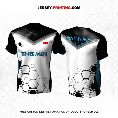 Jersey Pingpong Tenis Meja Putih Hitam Biru Motif Honeycomb 01