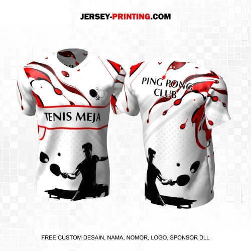 Jersey Pingpong Tenis Meja Putih Merah Abu Motif Liquid Polkadot 44