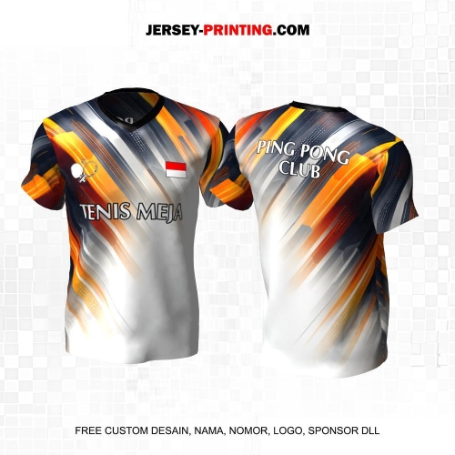 Jersey Pingpong Tenis Meja Putih Orange Abu Motif Abstrak 62