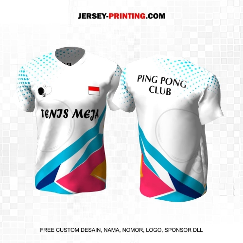 Jersey Pingpong Tenis Meja Putih Pink Biru Motif Abstrak Polkadot 53