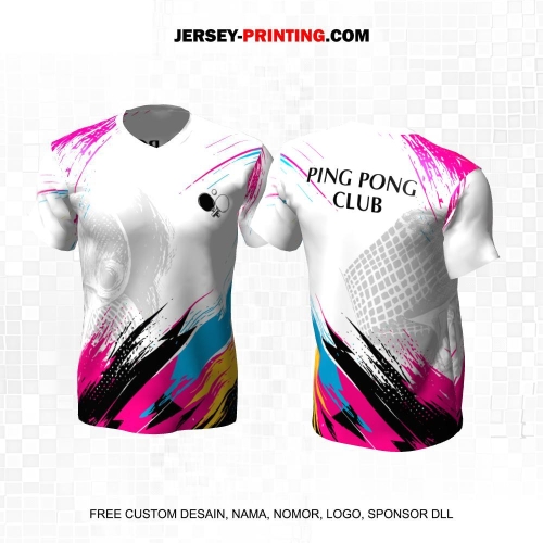 Jersey Pingpong Tenis Meja Putih Pink Hitam Motif Abstrak 30