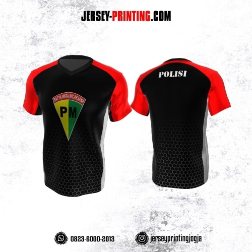 Jersey Polisi Militer PM Hitam Abu-abu Merah Motif Honeycomb