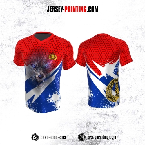 Jersey Polisi Polri Merah Navy Putih Hitam Motif Honeycomb dan Bercak