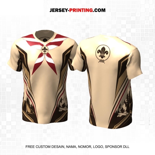 Jersey Pramuka Krem Coklat Motif Abstrak Hasduk Tenda Api Unggun 04