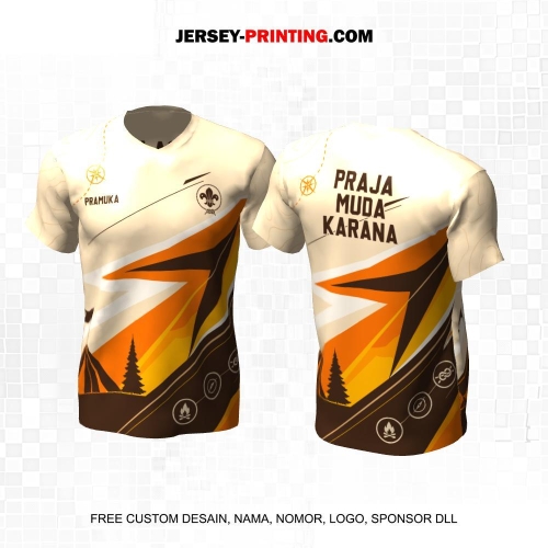 Jersey Pramuka Krem Coklat Orange Motif Abstrak 02