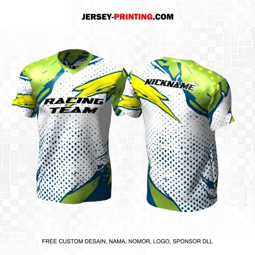 Jersey Racing Putih Hijau Biru Kuning Motif Abstrak Polkadot 205
