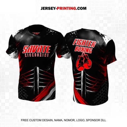 Jersey Savate Boxing Hitam Merah Putih Motif Abstrak Ring 23