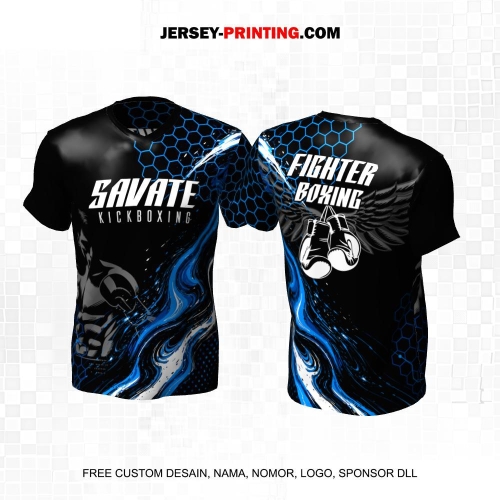 Jersey Savate Boxing Hitam Putih Biru Motif Abstrak Honeycomb 20
