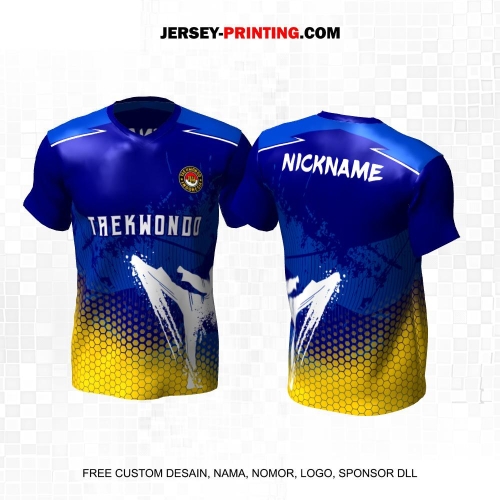 Jersey Taekwondo Biru Kuning Motif Abstrak Honeycomb 232