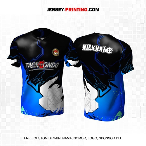 Jersey Taekwondo Hitam Biru Putih Motif Abstrak 214