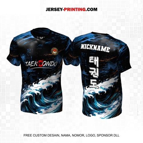 Jersey Taekwondo Hitam Biru Putih Motif Abstrak Ombak 217