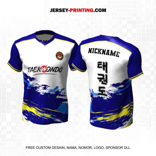 Jersey Taekwondo Putih Biru Kuning Motif Abstrak 215