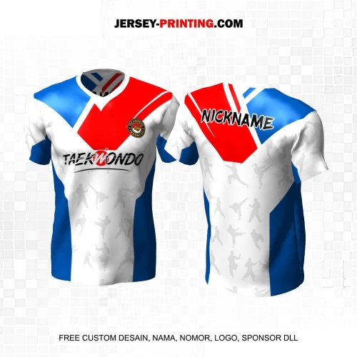 Jersey Taekwondo Putih Biru Merah Motif Abstrak 188