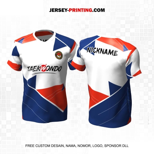 Jersey Taekwondo Putih Biru Merah Motif Abstrak 194