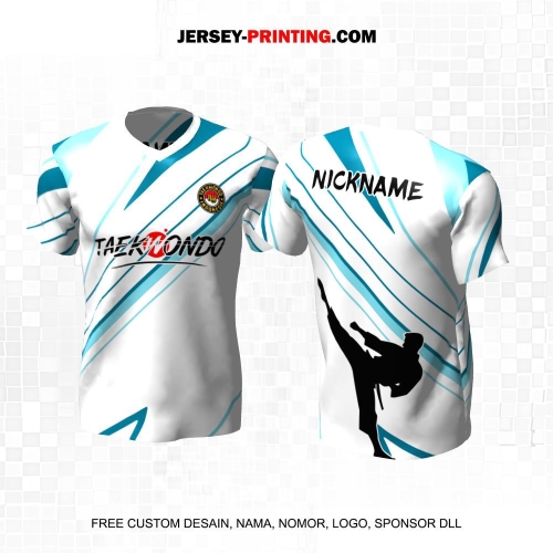 Jersey Taekwondo Putih Biru Motif Abstrak Garis 197