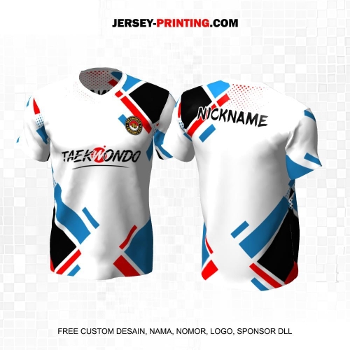 Jersey Taekwondo Putih Hitam Merah Biru Motif Abstrak 193