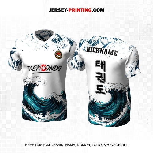 Jersey Taekwondo Putih Hitam Tosca Motif Abstrak Ombak 216