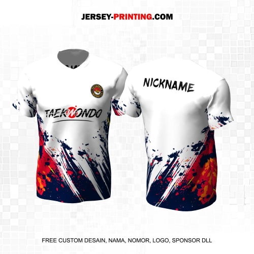 Jersey Taekwondo Putih Merah Biru Motif Abstrak 195