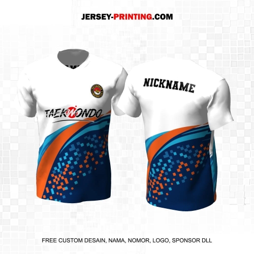 Jersey Taekwondo Putih Orange Biru Motif Abstrak Square 225