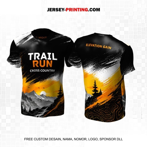 Jersey Trail Run Lintas Alam Cross Country Hitam Abu Orange Motif Brush Pegunungan 46