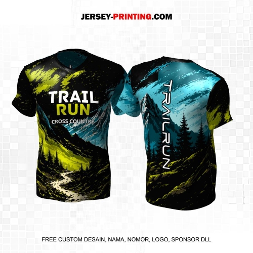 Jersey Trail Run Lintas Alam Cross Country Hitam Hijau Biru Motif Abstrak Pegunungan 41