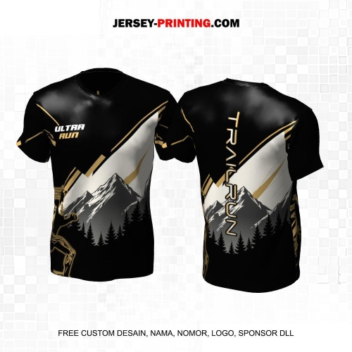Jersey Trail Run Lintas Alam Cross Country Hitam Krem Abu Gold Motif Pegunungan 16