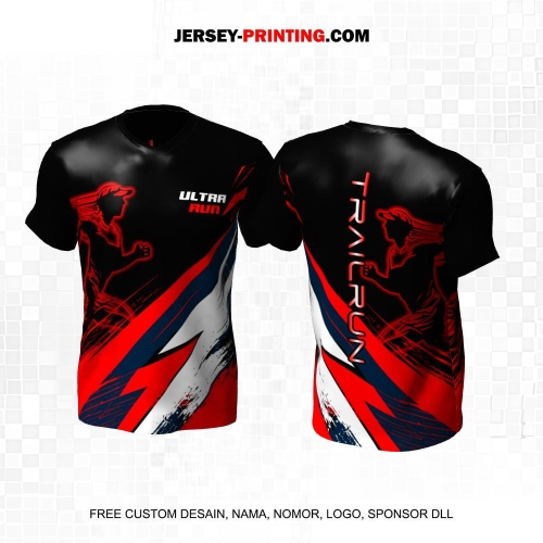 Jersey Trail Run Lintas Alam Cross Country Hitam Merah Putih Motif Abstrak 33