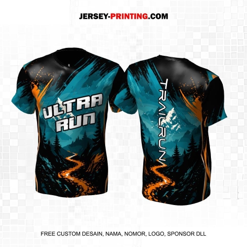 Jersey Trail Run Lintas Alam Cross Country Hitam Tosca Orange Motif Pegunungan 34