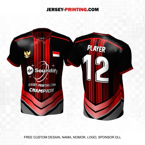 Jersey Volly Hitam Merah Motif Abstrak Garis 478