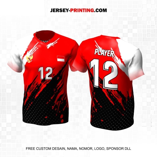 Jersey Volly Hitam Merah Putih Motif Abstrak Polkadot 472