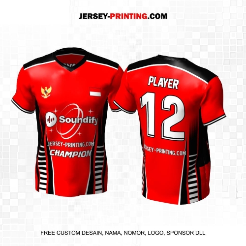 Jersey Volly Merah Hitam Putih Motif Abstrak Garis 482