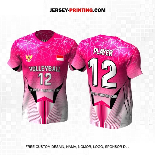 Jersey Volly Pink Putih Hitam Motif Abstrak Garis 485