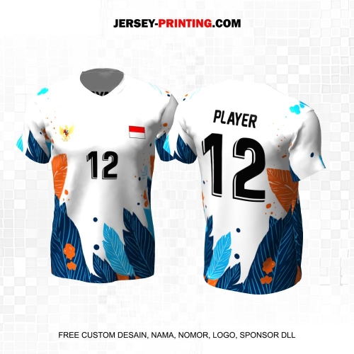 Jersey Volly Putih Biru Orange Motif Flora 461