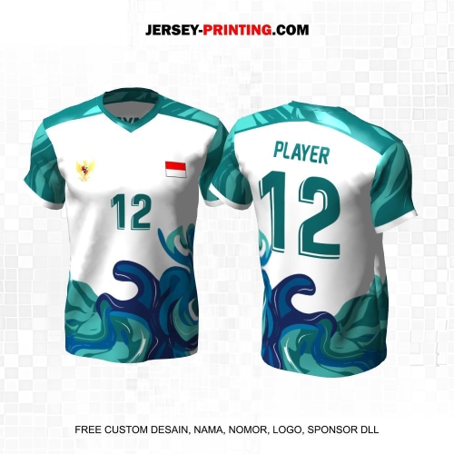 Jersey Volly Putih Hijau Biru Motif Abstrak 464