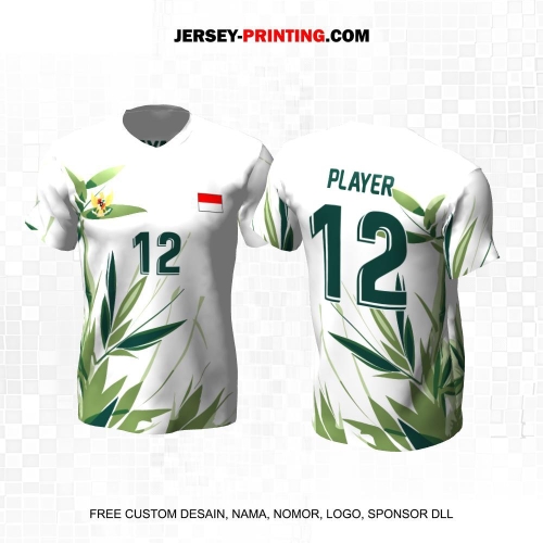 Jersey Volly Putih Hijau Motif Daun 455