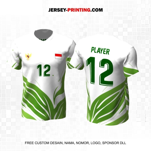Jersey Volly Putih Hijau Motif Daun 458