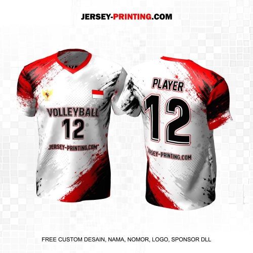 Jersey Volly Putih Merah Hitam Abu Motif Abstrak 496