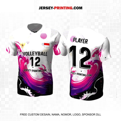 Jersey Volly Putih Pink Hitam Ungu Motif Abstrak Ombak 493