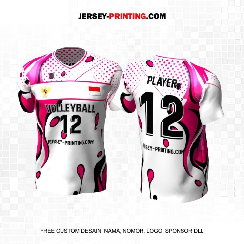 Jersey Volly Putih Pink Motif Abstrak Polkadot 494