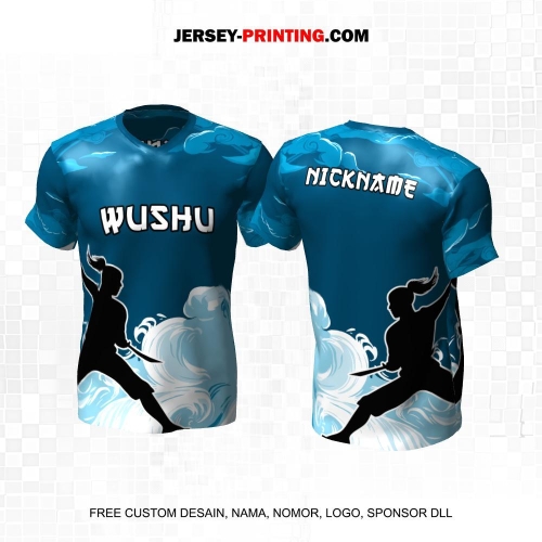 Jersey Wushu Biru Putih Motif Spiral Awan 25