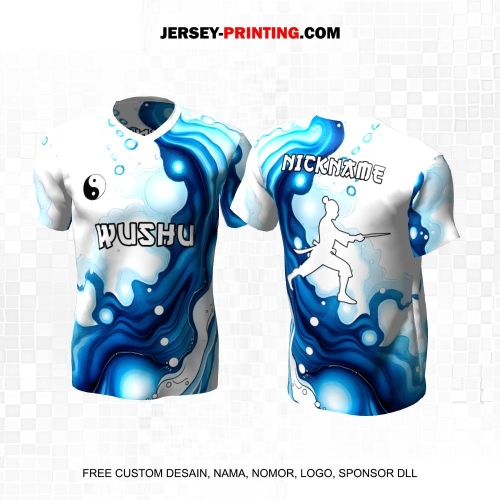 Jersey Wushu Putih Biru Motif Abstrak Liquid 14