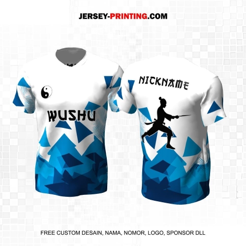 Jersey Wushu Putih Biru Motif Abstrak Triangle 24