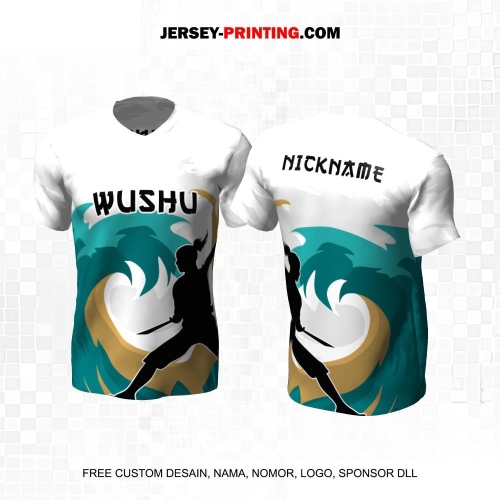 Jersey Wushu Putih Hijau Gold Motif Abstrak Swirl 21