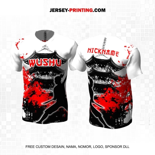 Jersey Wushu Putih Hitam Merah Motif Bangunan Kuno 18