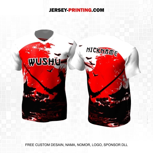 Jersey Wushu Putih Hitam Merah Motif Siluet Samurai 28